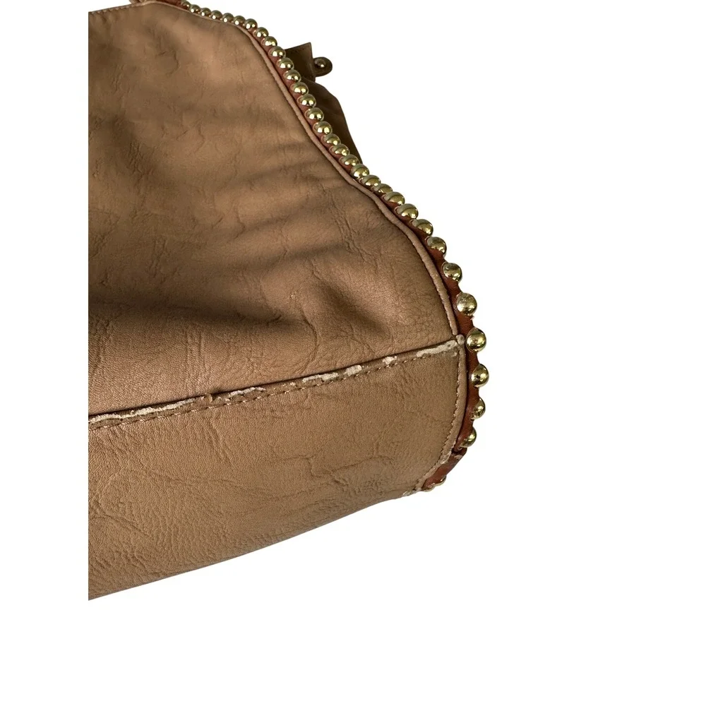 Vintage Y2K Tan Big Buddha Faux Leather Hobo Bag Gold Ball Stud Trim Slouchy KC